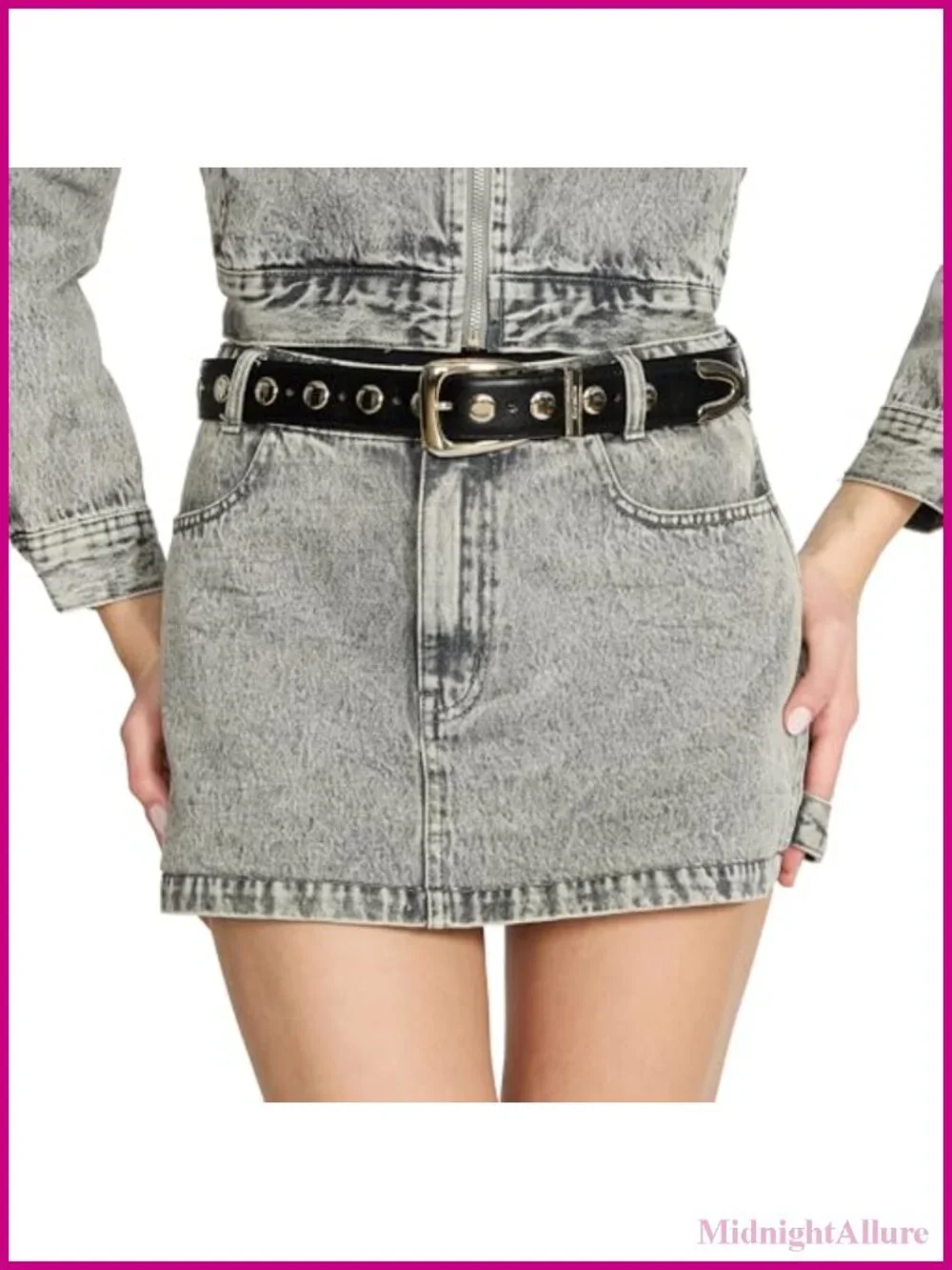 Faux Leather Studded Belt Silver Buckle 1.33 Inch Wide